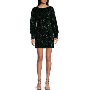 Gianni Bini Long Sleeve Green Sequin Draped Back Dress SZ QS - NWT‎